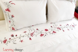 Queen size bed sheet with 2 pillowcases (50x70cm) - camellia flower embroidery
